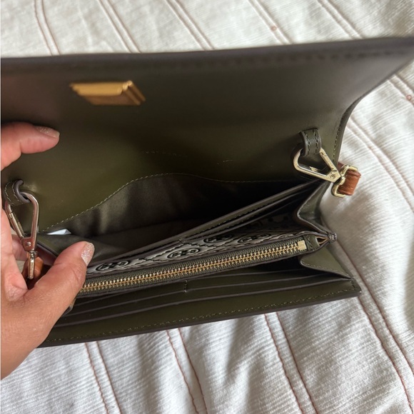 Tory Burch T Monogram Embossed Wallet Crossbody Bag Green Brown GeometricPattern - Picture 14 of 16